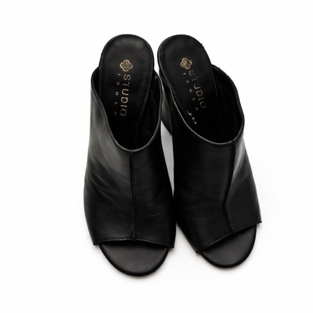 Peep Toe Studio Isola Black Soft Leather Leather Block Heel Mules Minimalist - Picture 3 of 5
